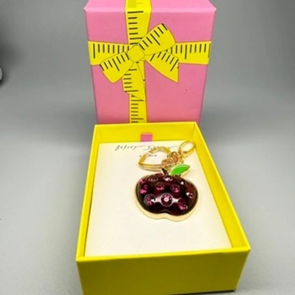 NWT Betsey Johnson Bag Charm Keychain Rhinestone Apple